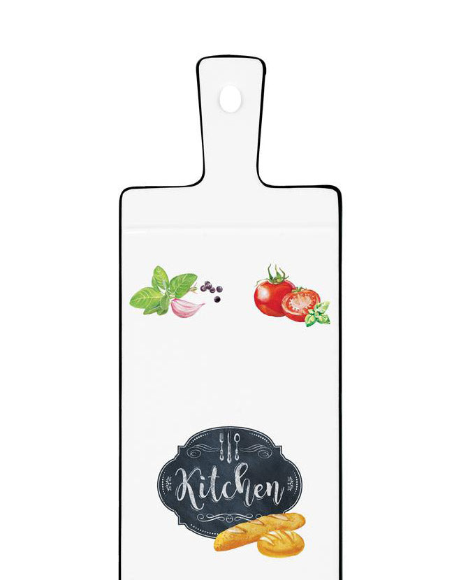 Fekete szegéjű, fehér színű porcelán vágólap zöldségmotívumokkal és kitchen felirattal